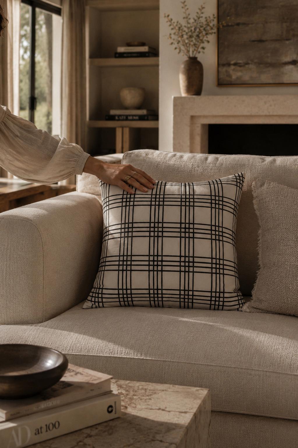 Siyah Ekose Pamuk 45x45 Kırlent Kılıfı