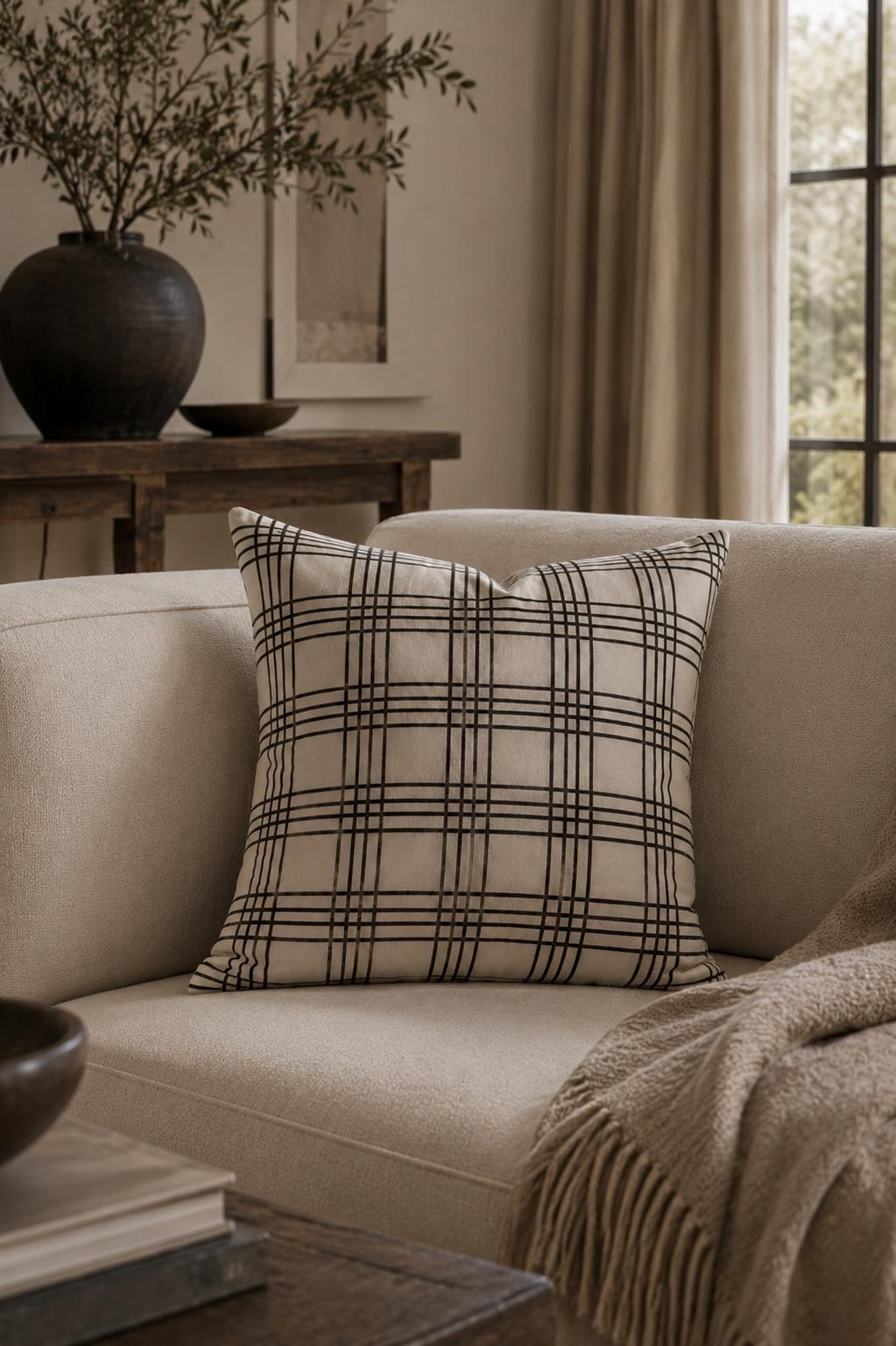 Siyah Ekose Pamuk 45x45 Kırlent Kılıfı