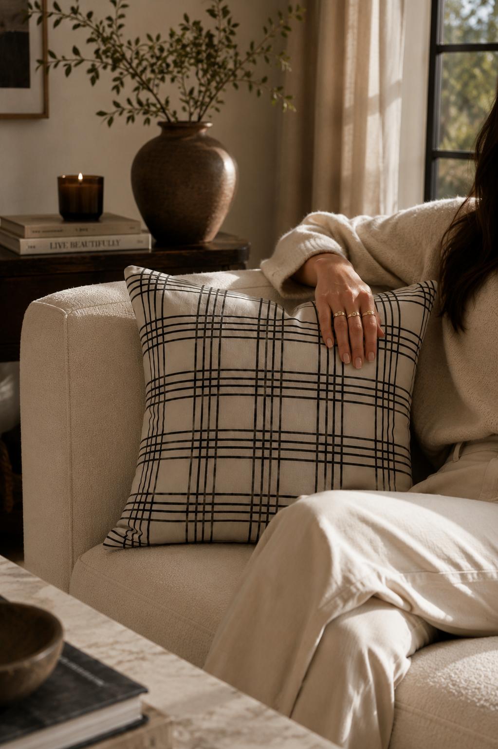 Siyah Ekose Pamuk 45x45 Kırlent Kılıfı